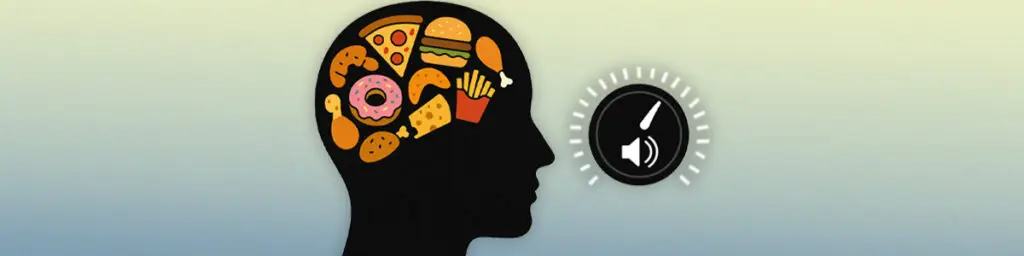 Silhouette of a human head filled with junk food icons on the left and empty space on the right, with a volume dial turning down to represent GLP-1 silencing food noise.