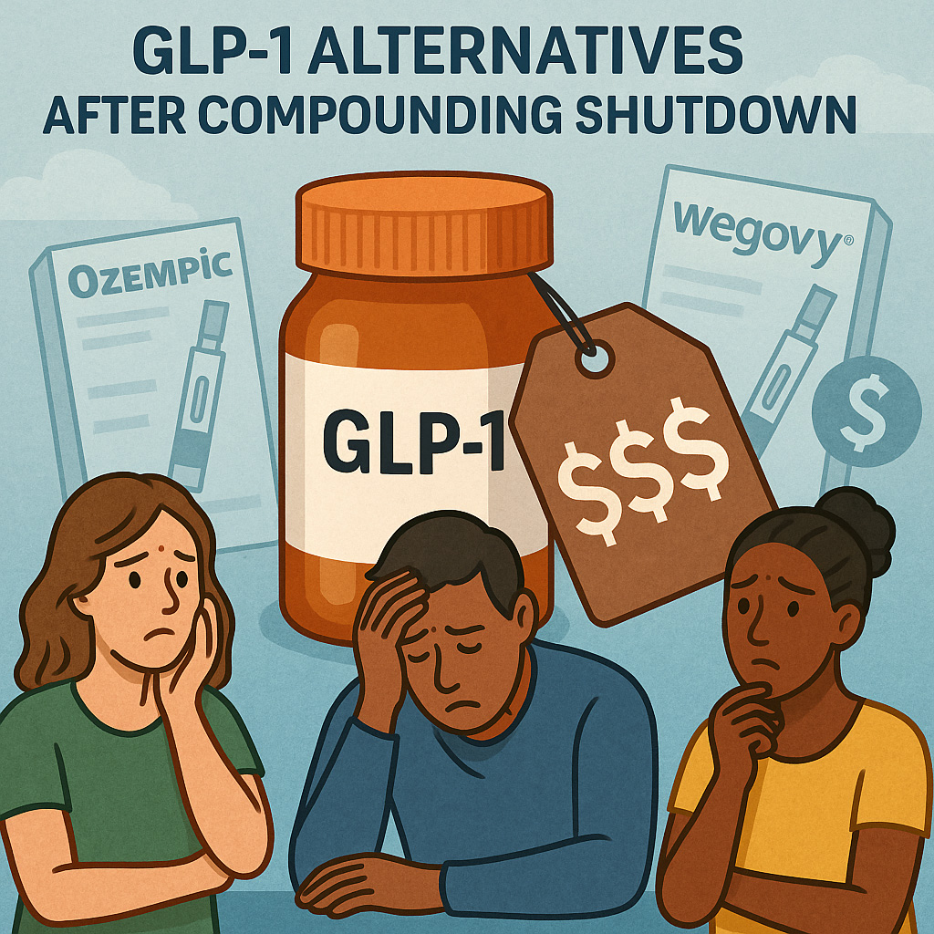 Patients distressed over the high cost of GLP-1 alternatives after compounding pharmacy shutdown, with branded meds and dollar signs shown.