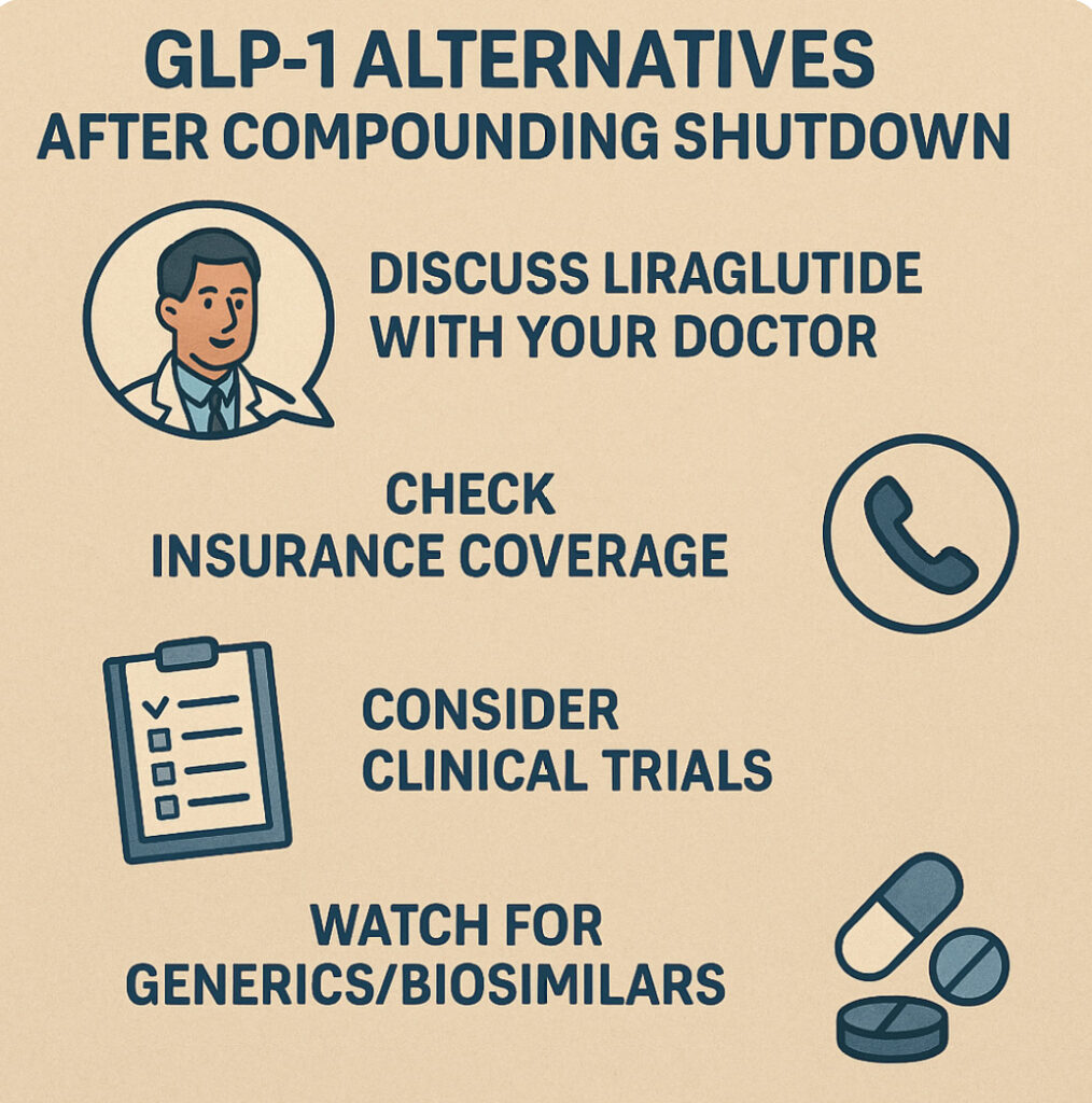 Four GLP-1 alternative steps after compounding shutdown, including discussing liraglutide, checking insurance, clinical trials, and generics.