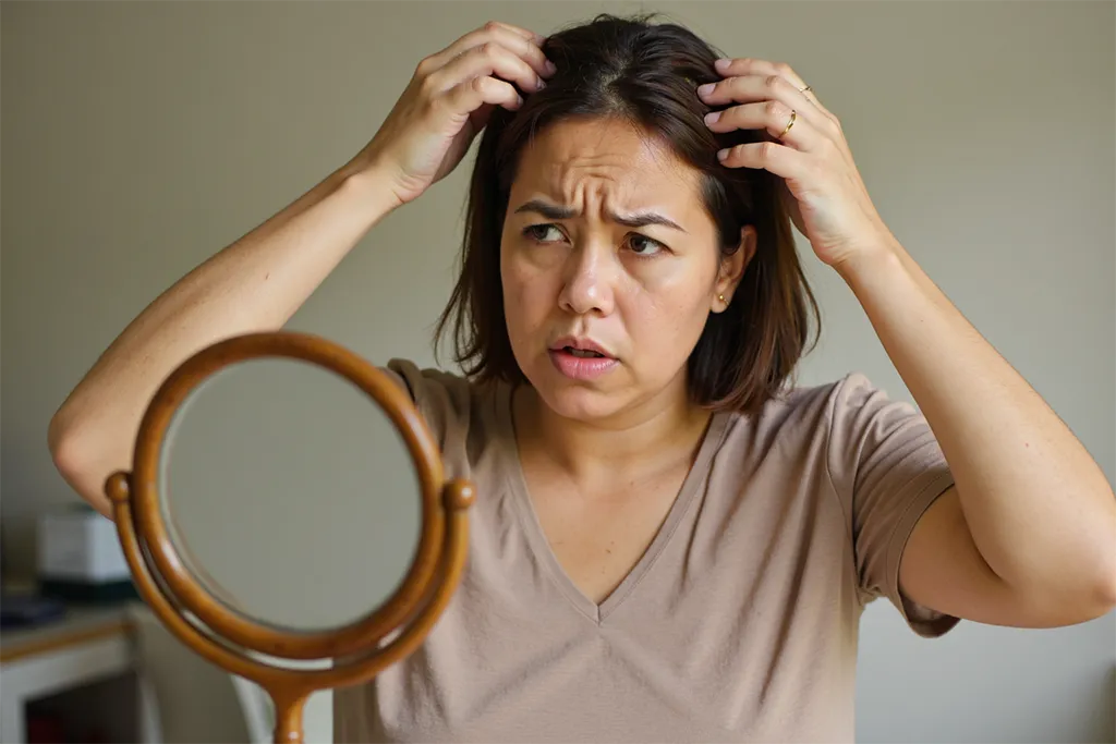 Worried woman checks for hair thinning in the mirror, concerned about GLP-1 hair loss after starting semaglutide or Wegovy.