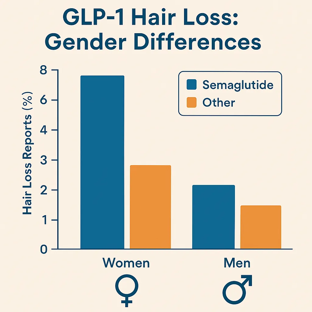 Bar chart showing higher GLP-1 hair loss reports in women vs men, especially with semaglutide compared to other medications.