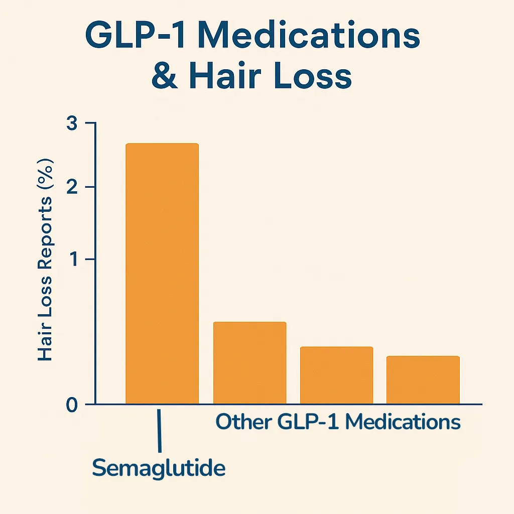 Bar chart showing semaglutide linked to more hair loss reports than other GLP-1 medications like liraglutide or dulaglutide.