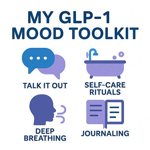 Square infographic: “My GLP‑1 Mood Toolkit” with icons for talk it out, self‑care rituals, deep breathing, journaling; note that serious depression is rare.