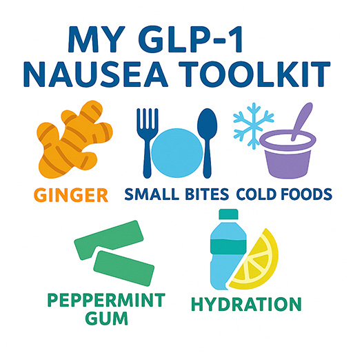 Square infographic: colorful icons for ginger (orange), small bites (blue plate), cold foods (purple yogurt), peppermint gum (green), hydration (yellow lemon) under header “My GLP‑1 Nausea Toolkit.”