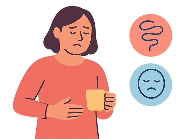 Flat illustration depicting GLP-1 information of woman with hand on stomach holding tea, plus nausea and fatigue icons, depicting common GLP-1 side effects.