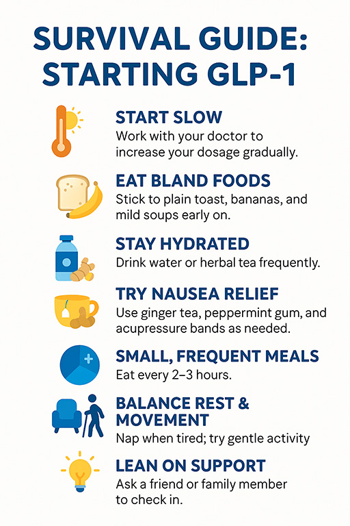 Portrait infographic: “Survival Guide: Starting GLP‑1” lists 8 tips (start slow, bland foods, hydrate, nausea relief, small meals, rest & movement, support, focus on why).