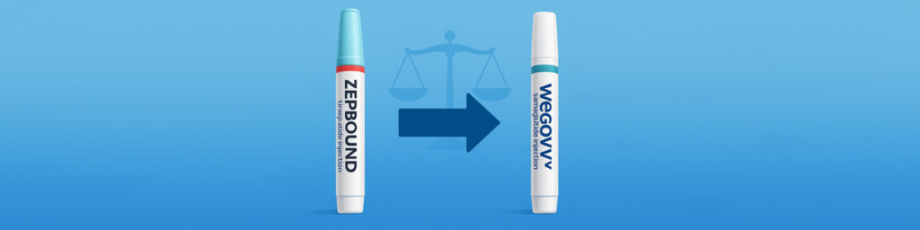 GLP-1 pens showing switch from Zepbound to Wegovy with arrow, symbolizing medication change for weight loss