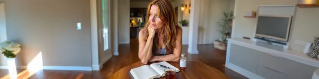 AI‑generated image of Claire Aldington, fictional character, journaling her 5 GLP‑1 treatment tips at a sunny kitchen table.
