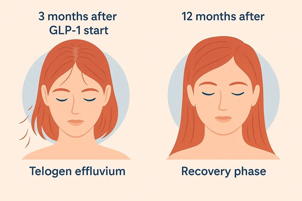Worried woman checks for hair thinning in the mirror, concerned about GLP-1 hair loss after starting semaglutide or Wegovy.