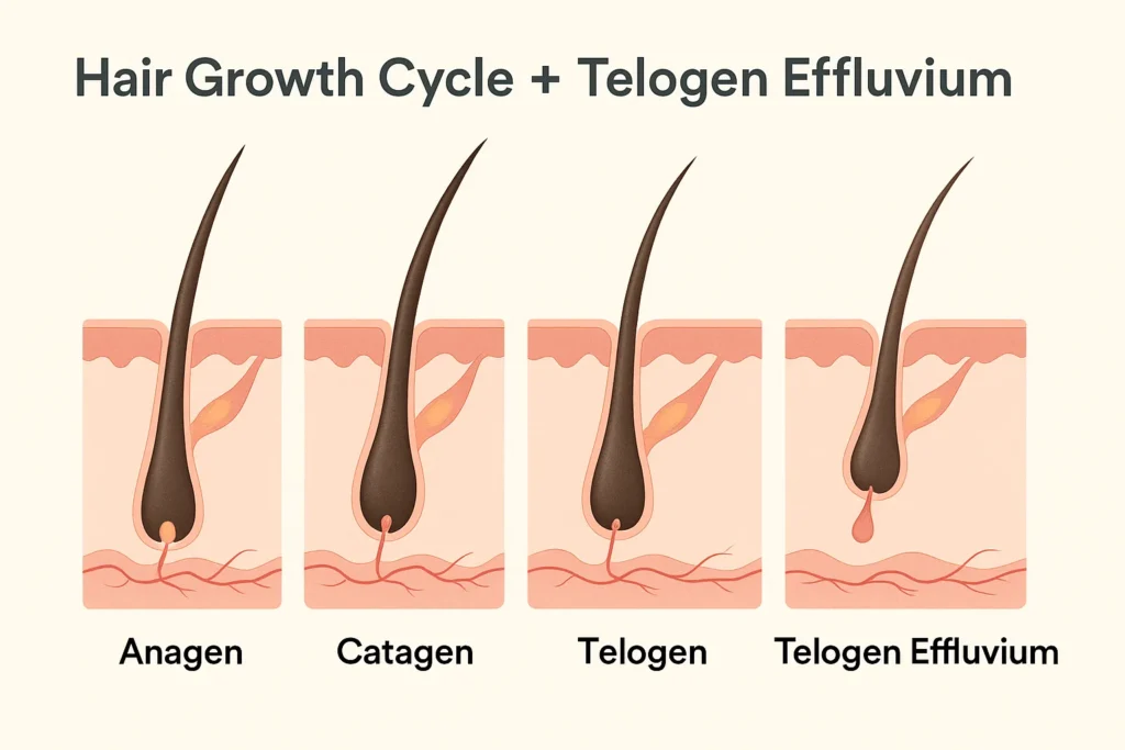 Diagram of anagen, catagen, telogen and telogen effluvium follicles showing GLP-1 hair loss mechanism