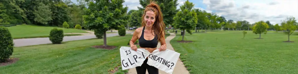 Claire Aldington tears a paper sign reading “Is GLP‑1 cheating?” after her weight‑loss success.