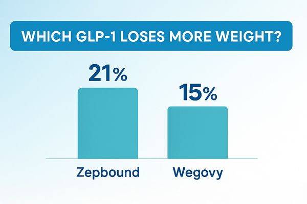switching from Zepbound to Wegovy graphic compares weight-loss bars and heart benefit to illustrate dual vs single GLP-1 action