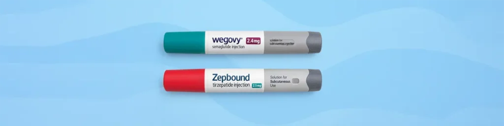 Changing from Wegovy to Zepbound? Wegovy and Zepbound injection pens side by side on a light blue wave-patterned background.