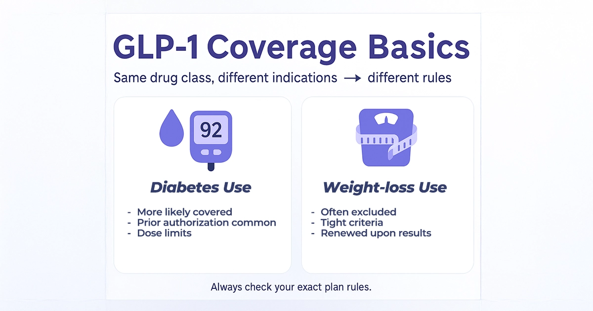 Why coverage differs: GLP-1 for diabetes vs weight loss—separate indications and rules.