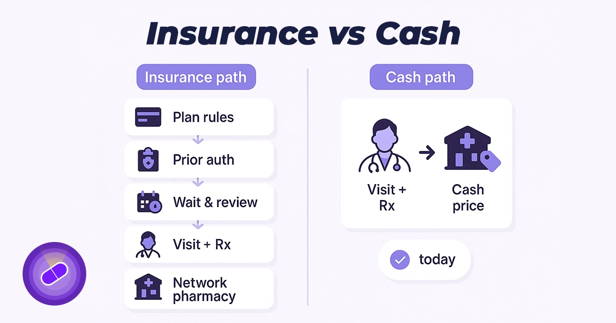 Age split: Medicare funnel with approx 1-3% $50 copay slice; most under-65 follow cash-pay steps.