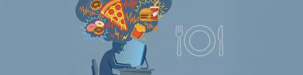A flat vector illustration showing a person's mind overwhelmed by chaotic thought bubbles of junk food and static, representing intrusive food noise.