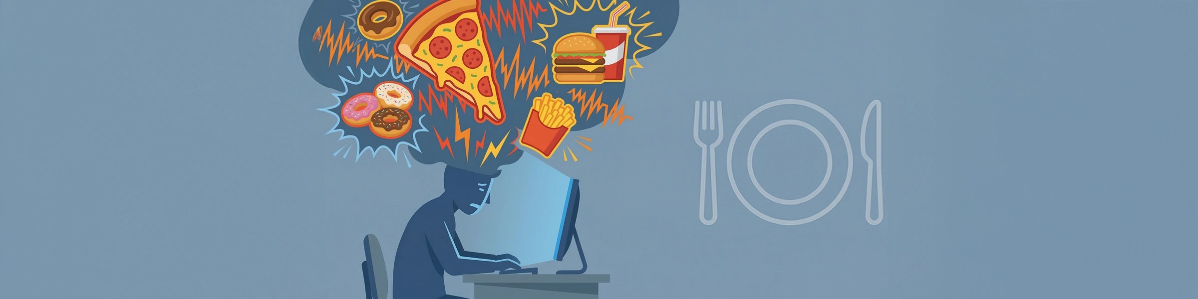A flat vector illustration showing a person's mind overwhelmed by chaotic thought bubbles of junk food and static, representing intrusive food noise.