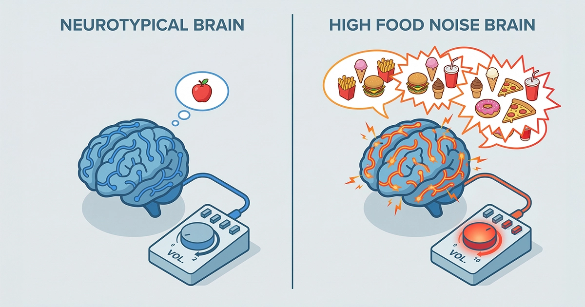 An isometric comparison illustration showing a neurotypical brain versus a food noise brain with the volume turned up.