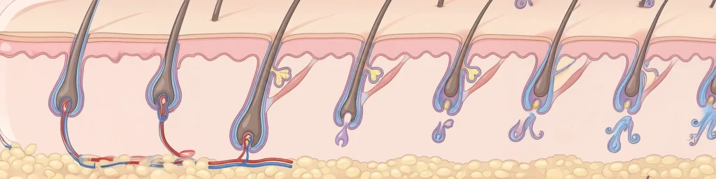 GLP-1 hair loss; a transverse view of thinning hair follicles on the scalp