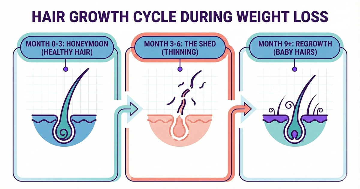 Timeline infographic illustrating when Ozempic hair loss starts, peaks at month 6, and eventually stops.