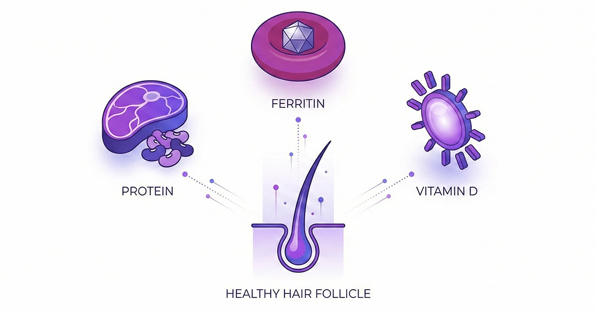 Vector icons of protein, ferritin iron, and vitamin D, the essential nutrients to help stop GLP-1 hair loss.