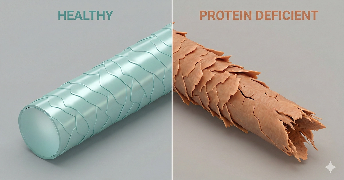 Close-up comparison of healthy hair versus the straw-like texture and brittle ends caused by rapid weight loss.