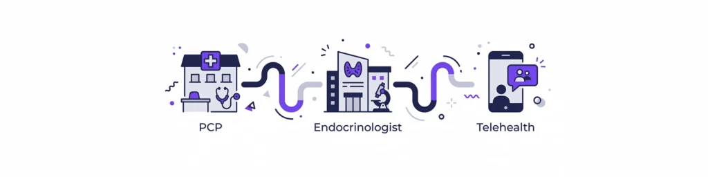 How to get a GLP-1 prescription - Illustration showing PCP, Specialist, and Telehealth paths