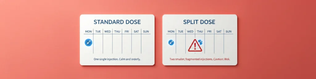 Ozempic split dosing schedule comparison showing a standard single weekly injection versus a risky split timeline