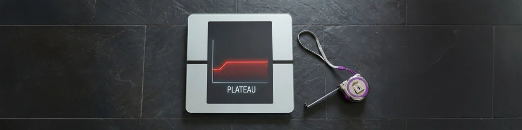Digital scale with a flatline graph instead of numbers, visualizing the plateau when Ozempic stopped working.