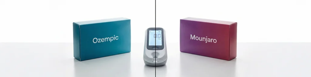 Ozempic vs Mounjaro — Side-by-side comparison of semaglutide and tirzepatide pens on a medical scale