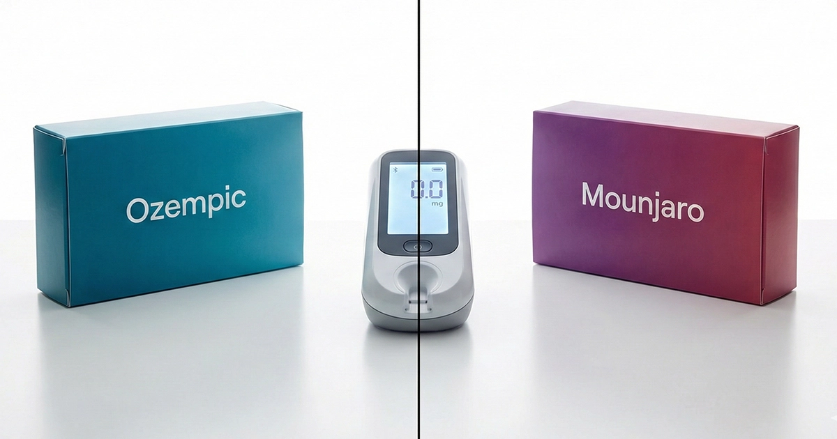 Ozempic vs Mounjaro — Side-by-side comparison of 
 semaglutide and tirzepatide pens on a medical scale