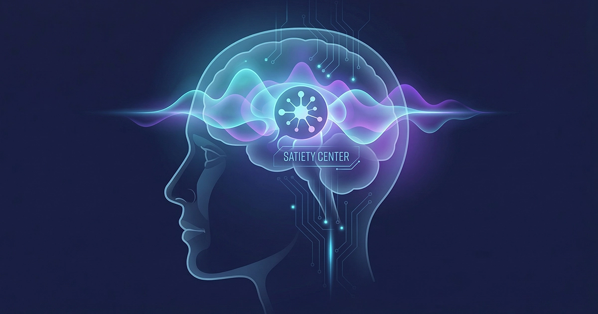 GLP-1 treatment tips illustration showing the hypothalamus signaling satiety in the brain