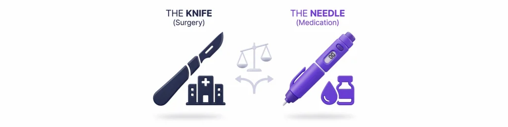 GLP-1 vs Bariatric Surgery - Comparison of surgical scalpel and injection pen