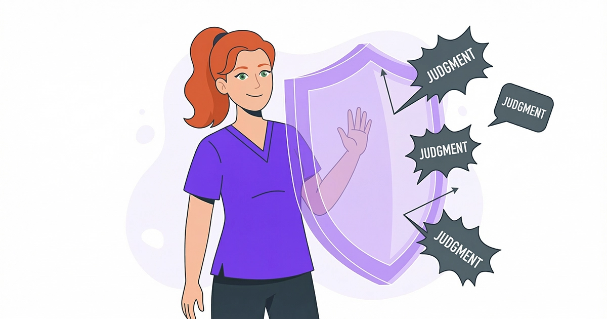 Coach Claire mascot holding a shield to deflect judgment bubbles.