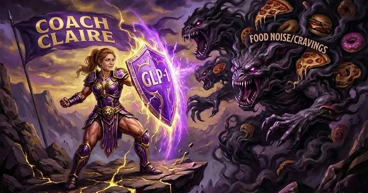 Is taking GLP-1 cheating? Fantasy illustration of Coach Claire holding back a beast representing food noise.