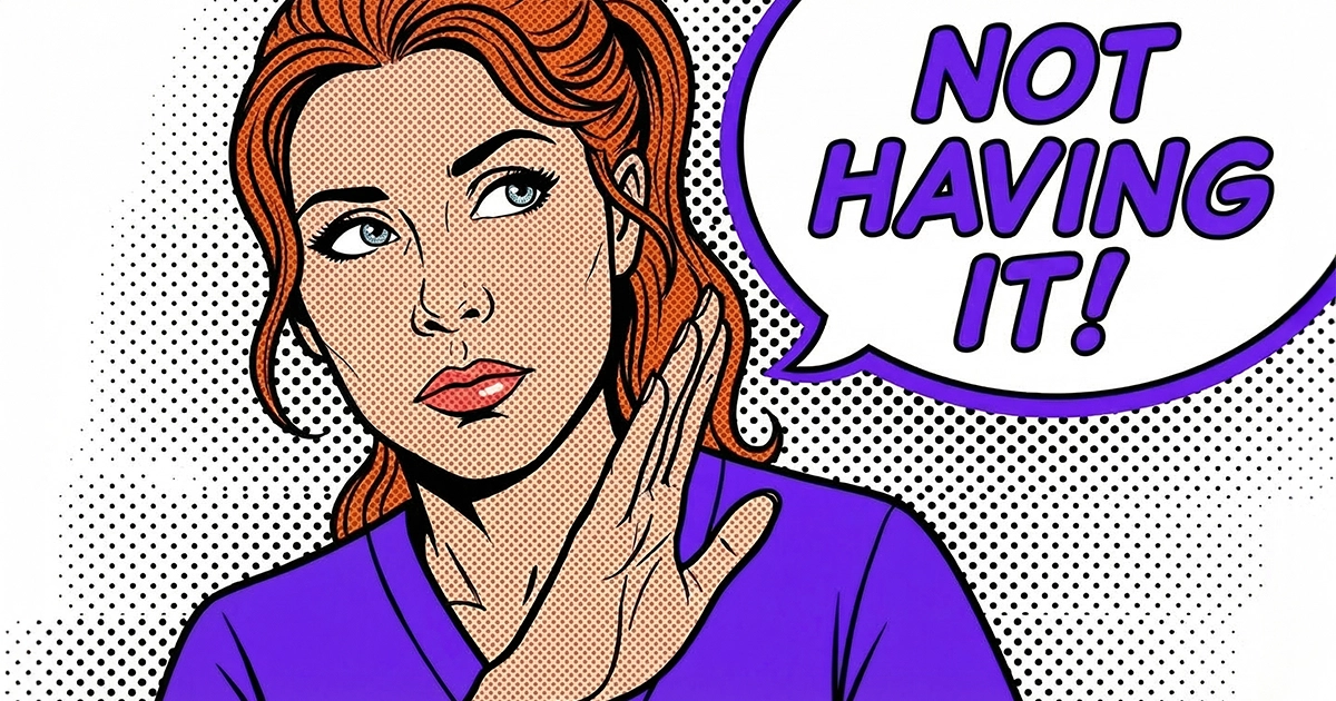 Pop art comic style illustration of Coach Claire winking and deflecting judgment.