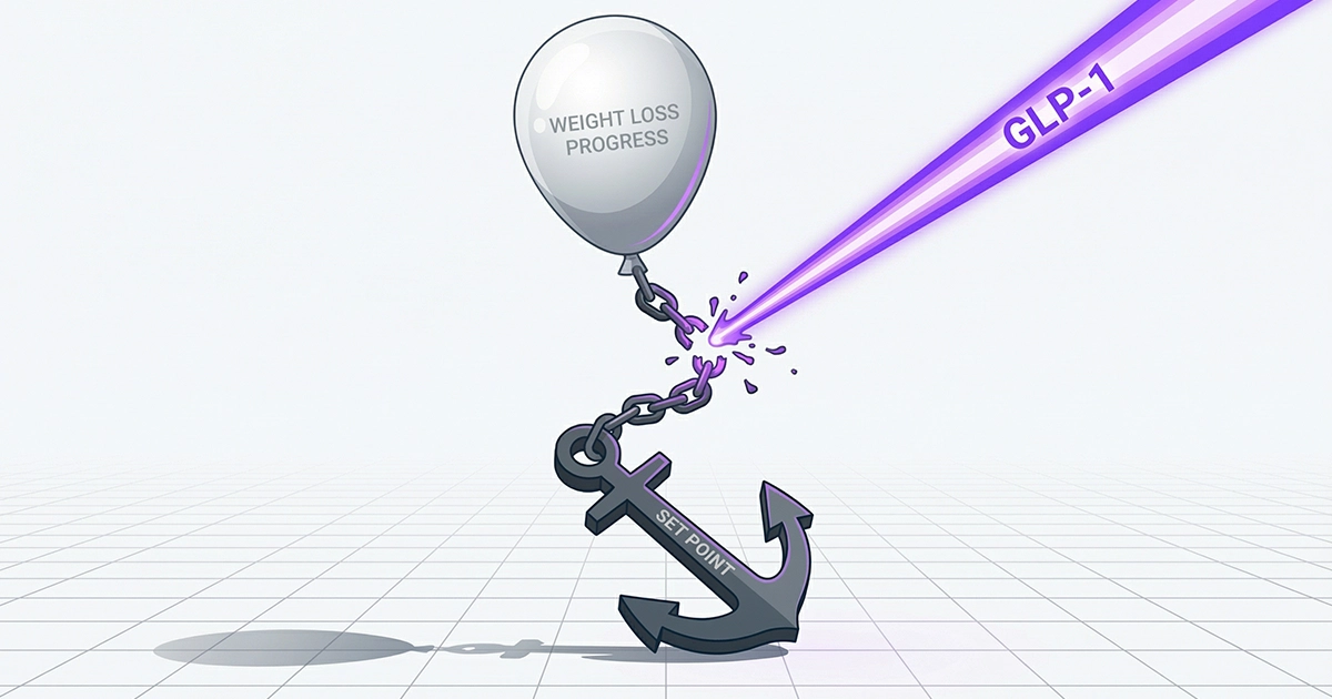 Illustration of a metabolic anchor weighing down a balloon representing weight loss.