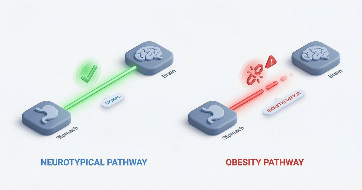 Comparison of neurotypical brain signals vs obesity brain signals showing the incretin deficit.