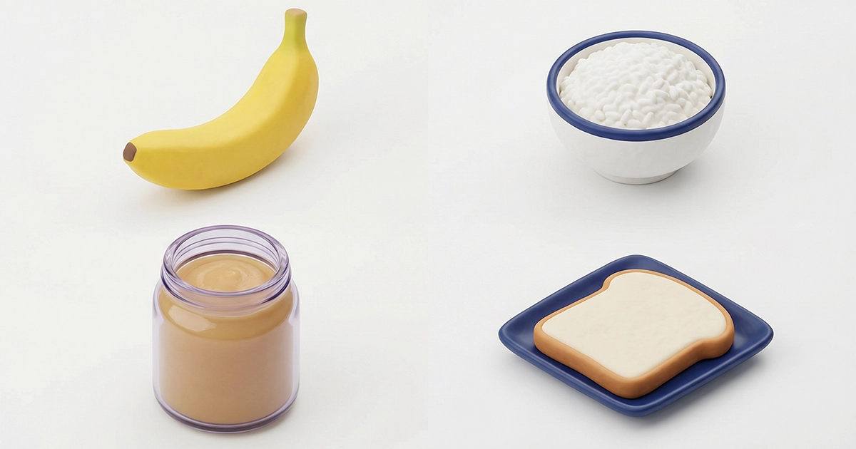 The BRAT protocol (Bananas, Rice, Applesauce, Toast) minimizes gastric workload during the first 48 hours of treatment.