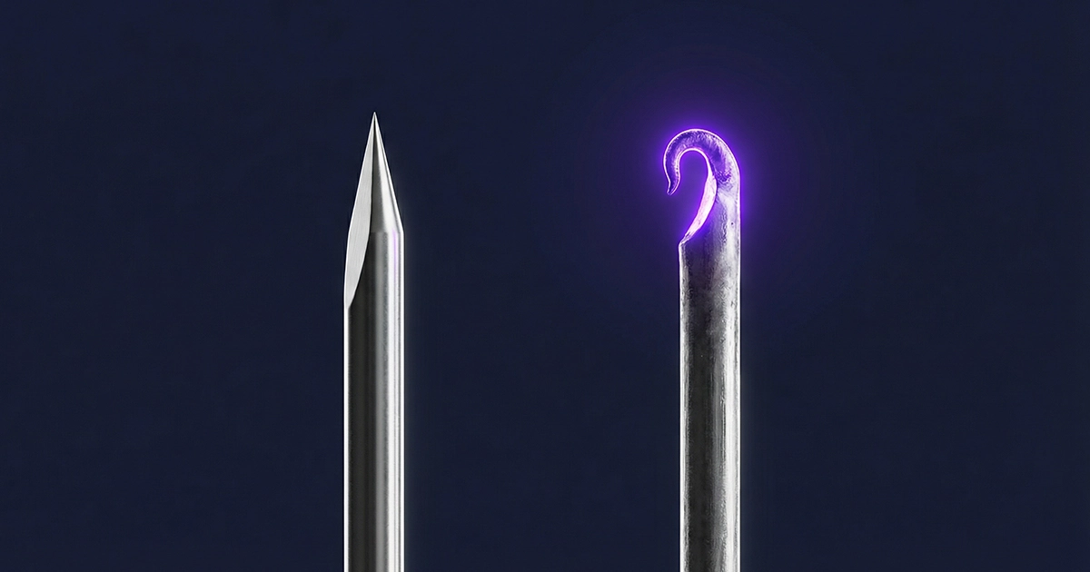 Microscopic comparison showing a smooth fresh needle vs a barbed used needle