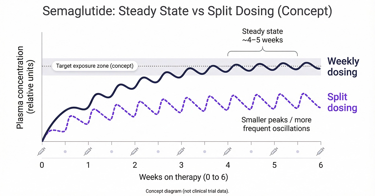 Chart showing semaglutide building to steady state vs fluctuating zig zag dosing