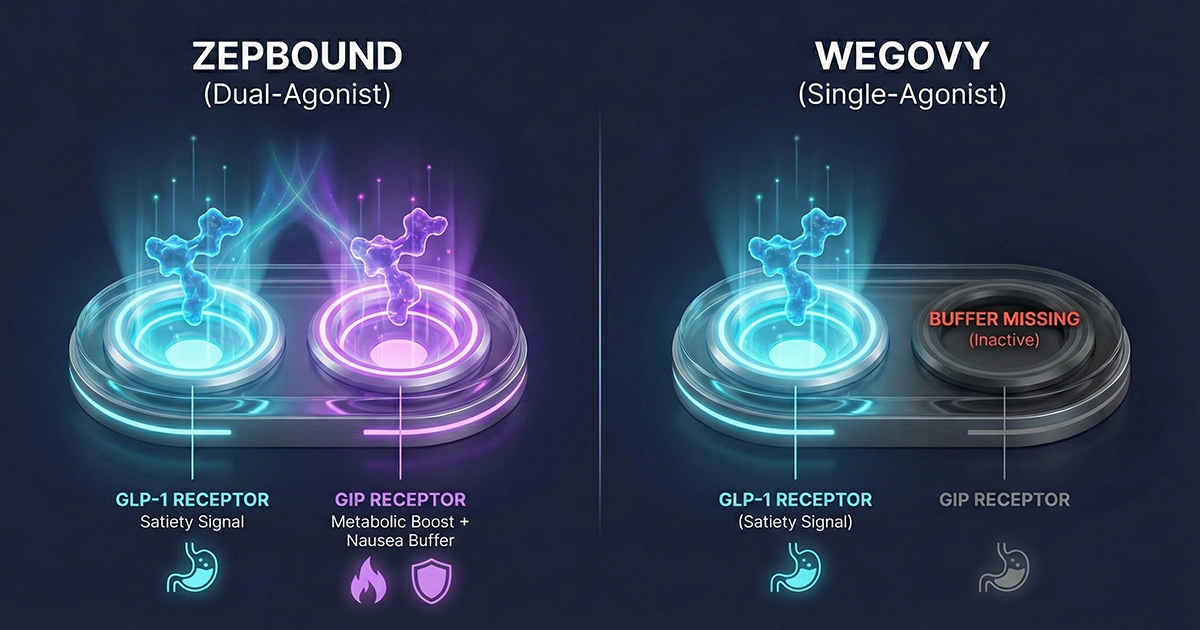 Visualizing the Difference: Zepbound (left) activates both GIP & GLP-1 receptors, while Wegovy (right) targets only GLP-1.