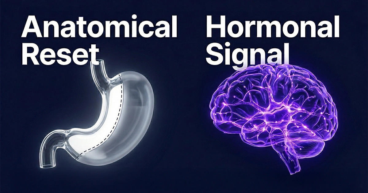 Conceptual visualization of the mechanism differences in GLP-1 vs bariatric surgery.