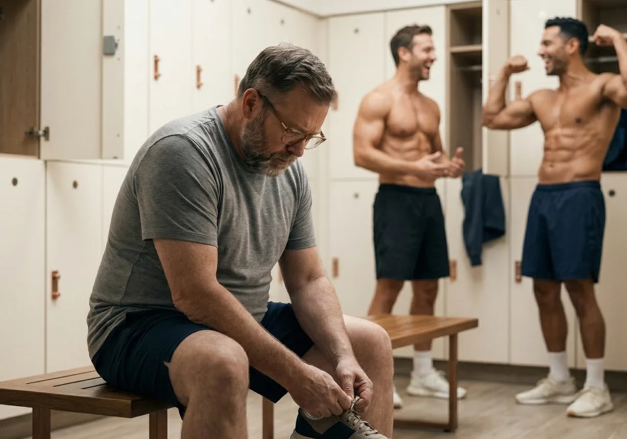 A man pauses in a locker room while deciding whether to answer questions about weight loss.