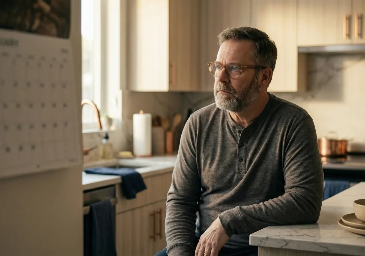 A man at a kitchen island thinking through what he wants to say when coworkers ask questions.