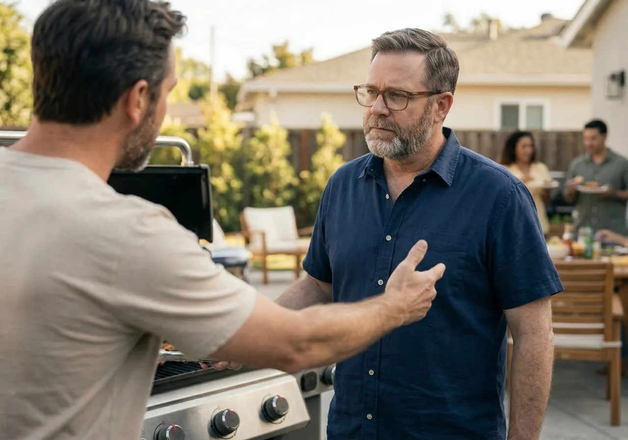 A man listens to a friend talking near a backyard grill while deciding whether to explain himself.