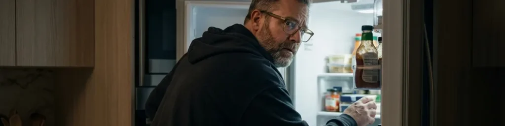 embarrassed to take zepbound: A man looks over his shoulder anxiously while reaching into the back of an open refrigerator.