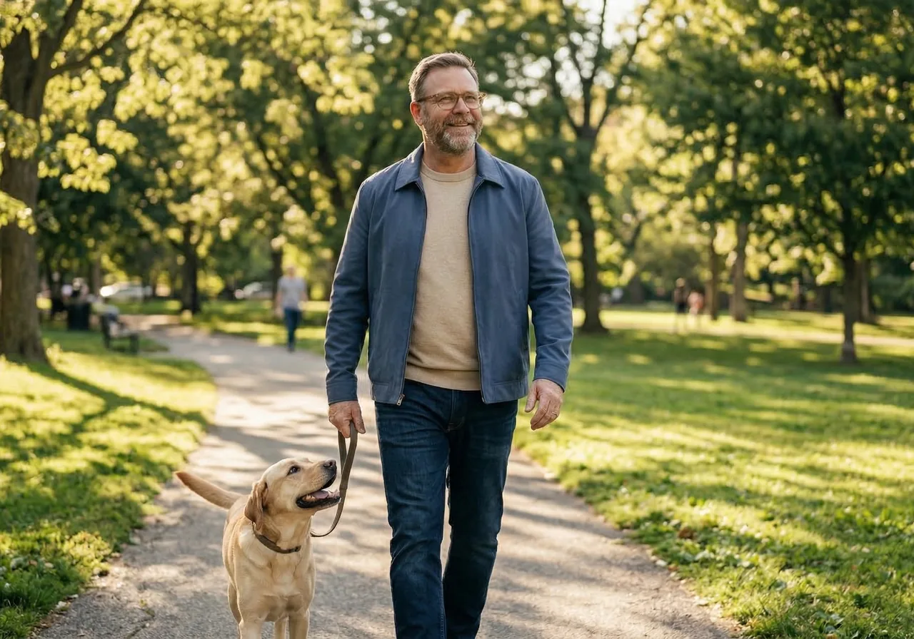 A man walking through a park looking relaxed after choosing a simple privacy boundary.