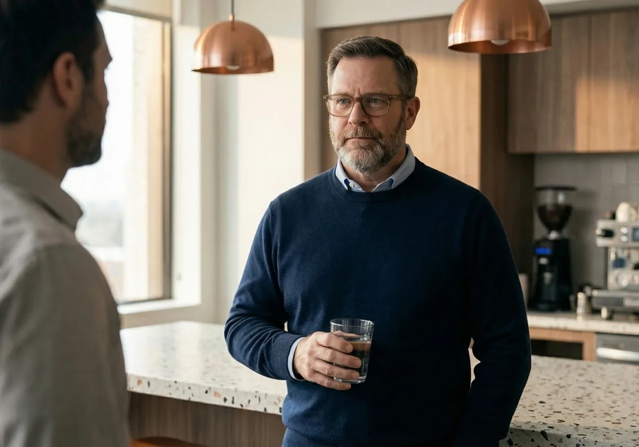A man speaking calmly with a coworker in a breakroom after an unexpected body comment.