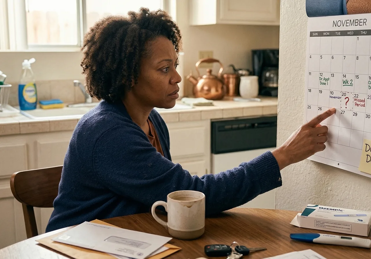 Getting Pregnant on Ozempic: A woman stands in her kitchen holding a mug, looking out the window with a distracted.